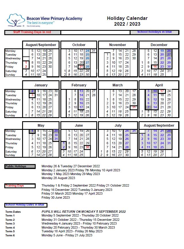Term Dates | Parents | Beacon View Primary Academy